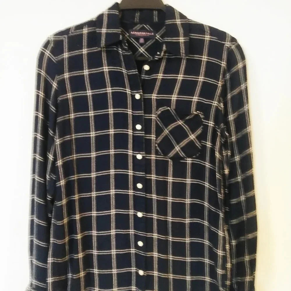 Aeropostale Womens Navy White Plaid Long Sleeve Button Up Shirt Size S P